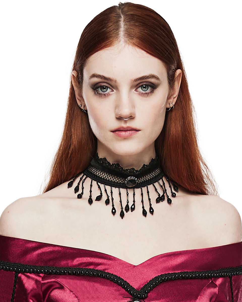 WS-581LHF-BKF Womens Beaded Lace Gothic Choker Collar