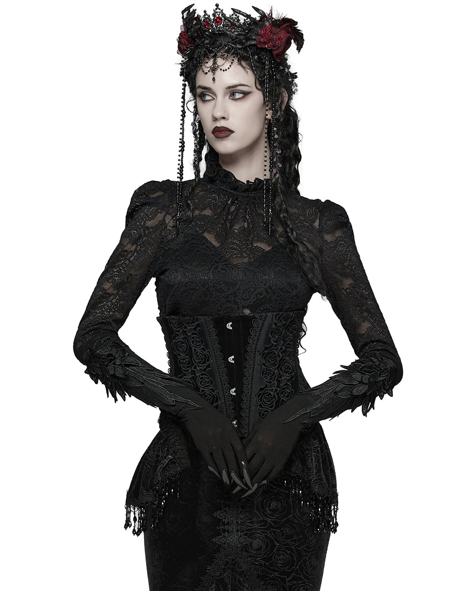 WS-790YDF Womens Baroque Gothic Rose Embroidered Velvet Cincher Corset - Black