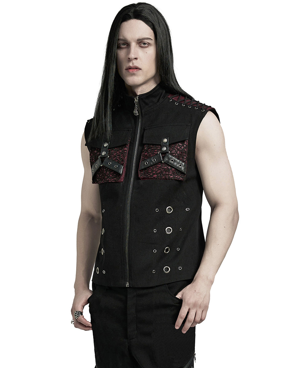 WY-1610MJM-BKRDM Mens Apocalyptic Gothic Mesh Utility Pocket Waistcoat Vest - Black & Red