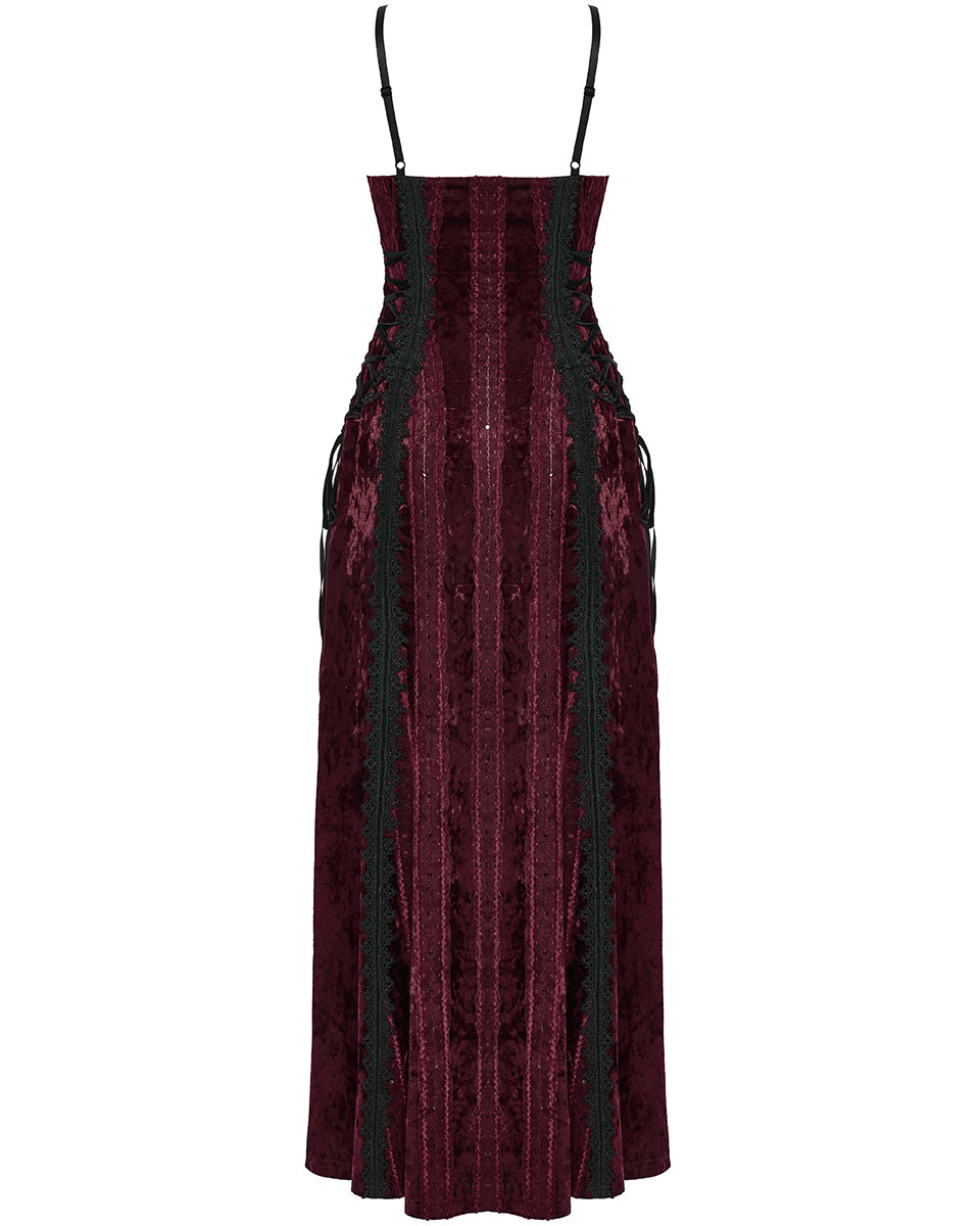 OQ-856LQF Daily Life Womens Long Gothic Crushed Velvet Applique Maxi Dress - Red