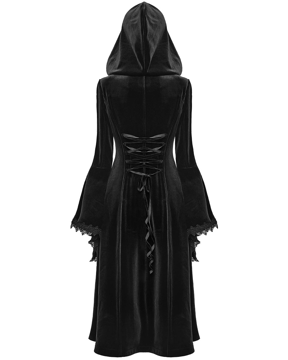 DY-1510LCF-BKF Womens Gorgeous Gothic Lace Applique Hooded Coat - Extended Size Range - Black Velvet