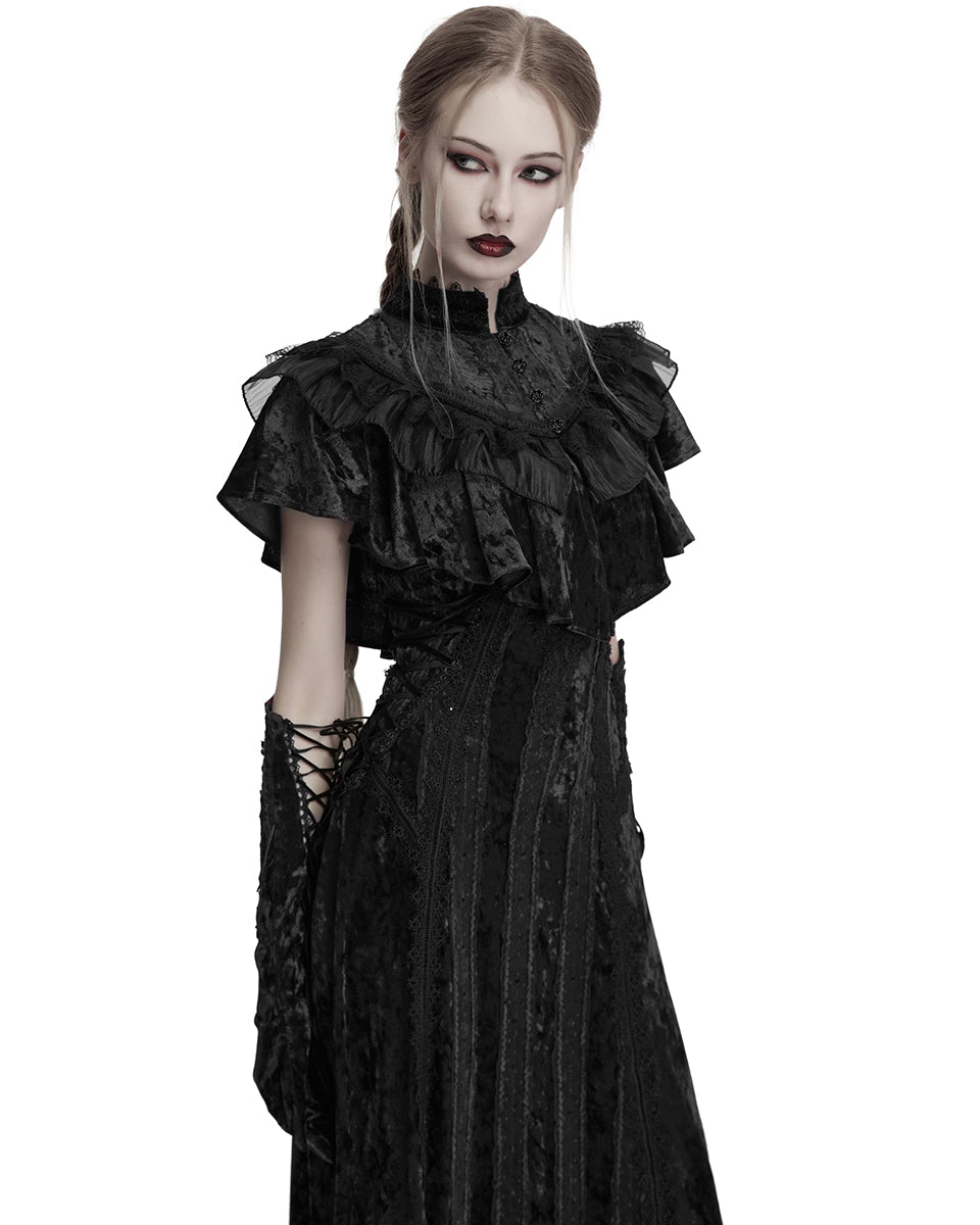 OY-1750DPF Daily Life Womens Long Gothic Crushed Velvet & Lace Bolero Cape - Black