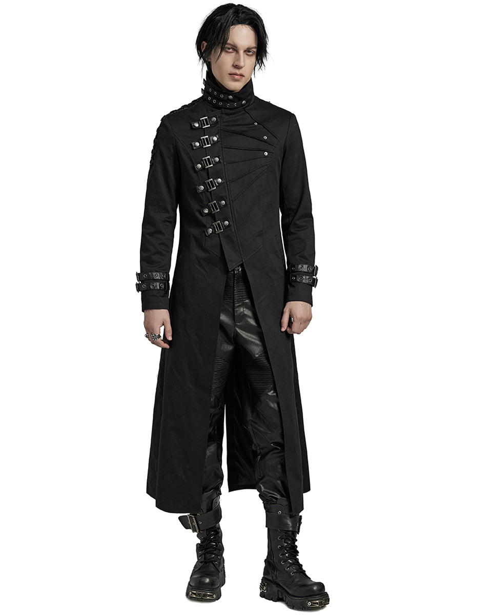 WY-1602XCM-BKM Mens Long Gothic CyberPunk Asymmetric Shoulder Armour Trench Coat