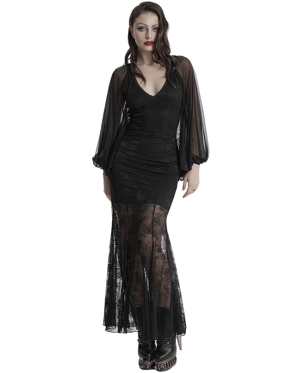 OQ-808LQF Daily Life Long Gothic Rose Lace & Mesh Mermaid Maxi Dress
