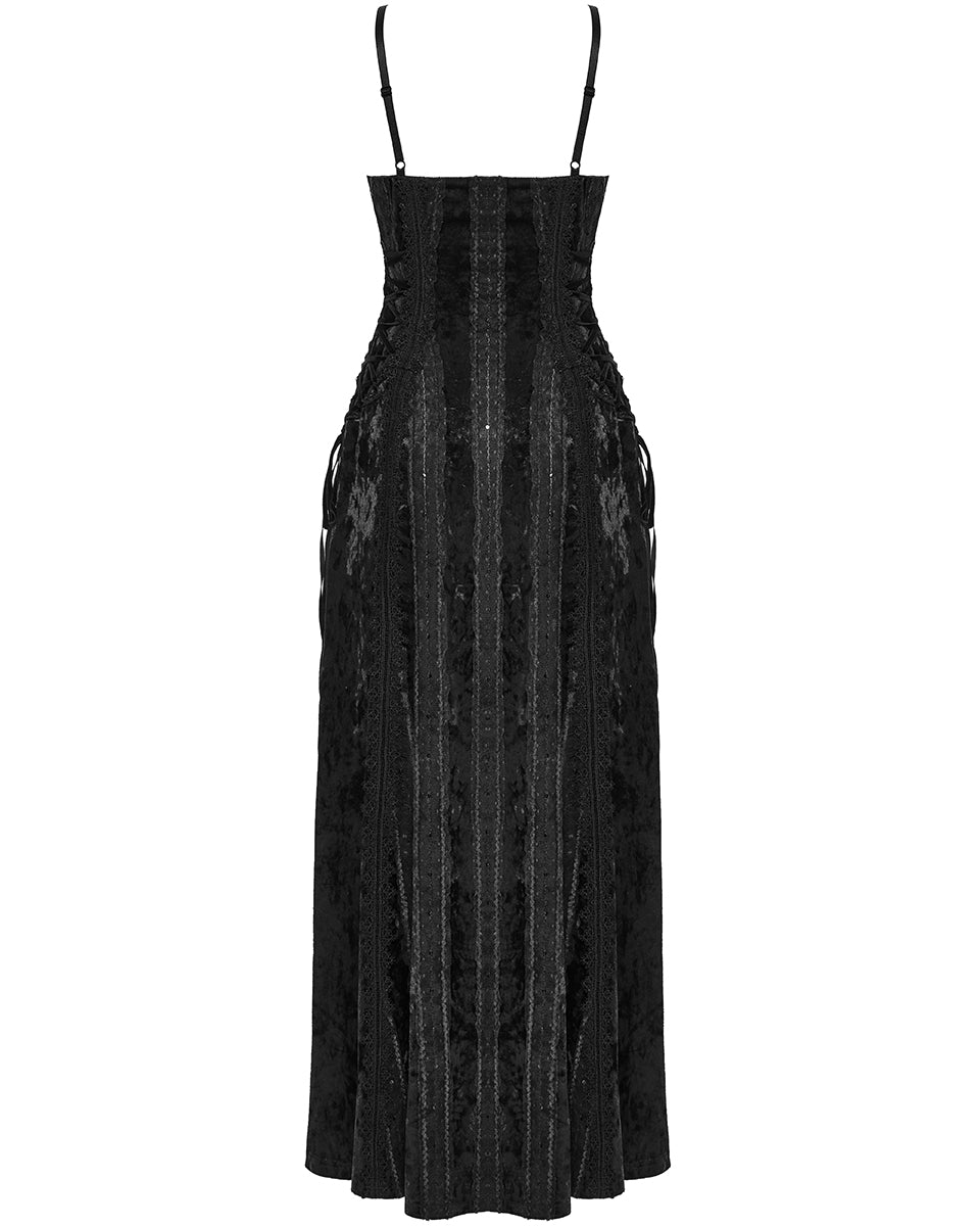 OQ=856LQF Daily Life Womens Long Gothic Crushed Velvet Applique Maxi Dress - Black