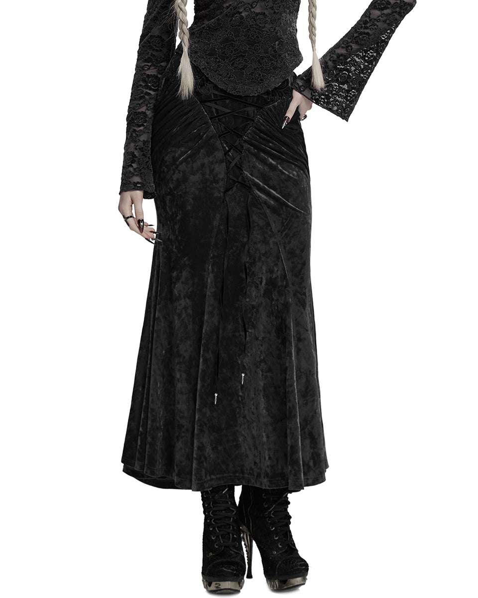 OQ-851BQF Daily Life Womens Long Gothic Velvet Applique Maxi Skirt - Black