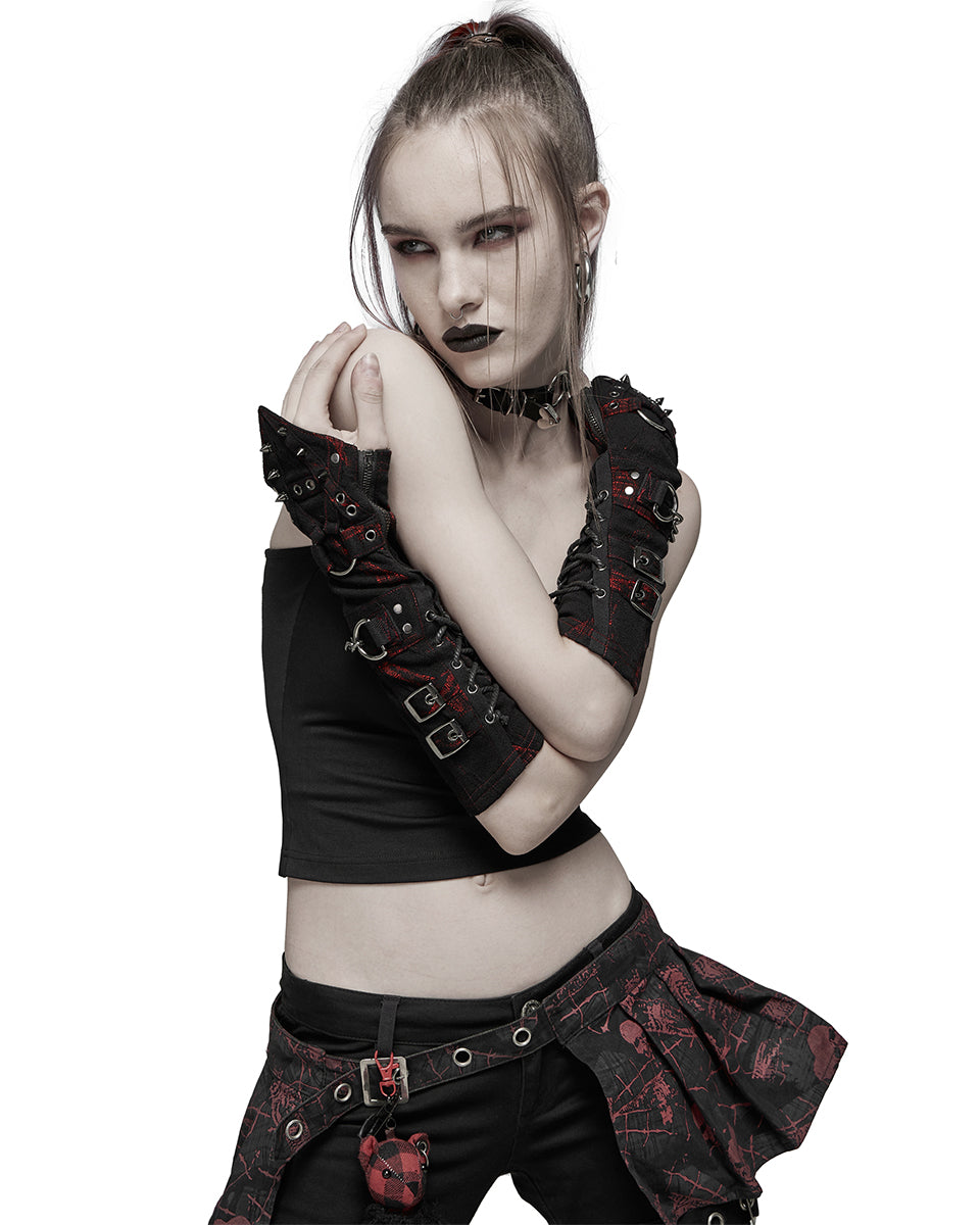 S-479 Womens Dark Punk Studded Armwarmers - Black & Red