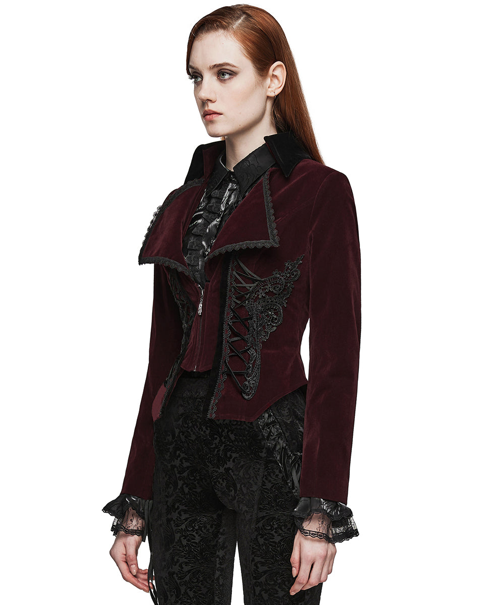 PR-WY-1535LDF-RDF Womens Gothic Velvet & Lace Riding Jacket - Red & Black