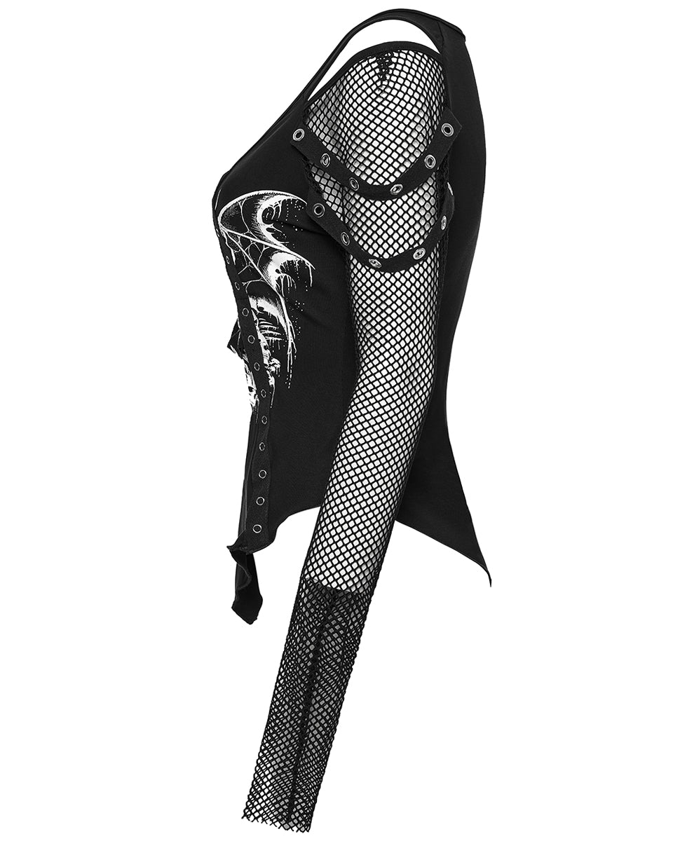 WT-976TCF Womens Gothic Vampire Bat Printed Top With Fishnet Sleeves