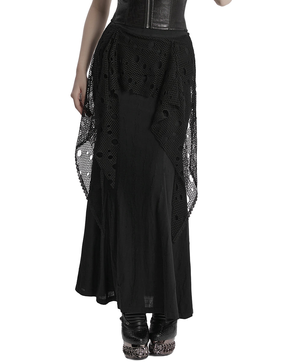 OQ-787BQF Daily Life Apocalyptic Gothic Broken Knit & Mesh Fishtail Maxi Skirt