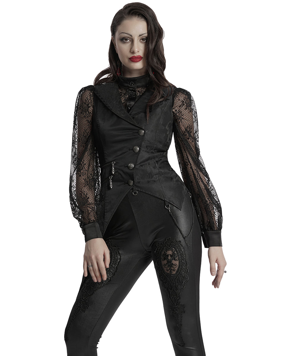 WY-1720MJF Womens Visual Kei Gothic Asymmetric Chained Waistcoat Vest - Black