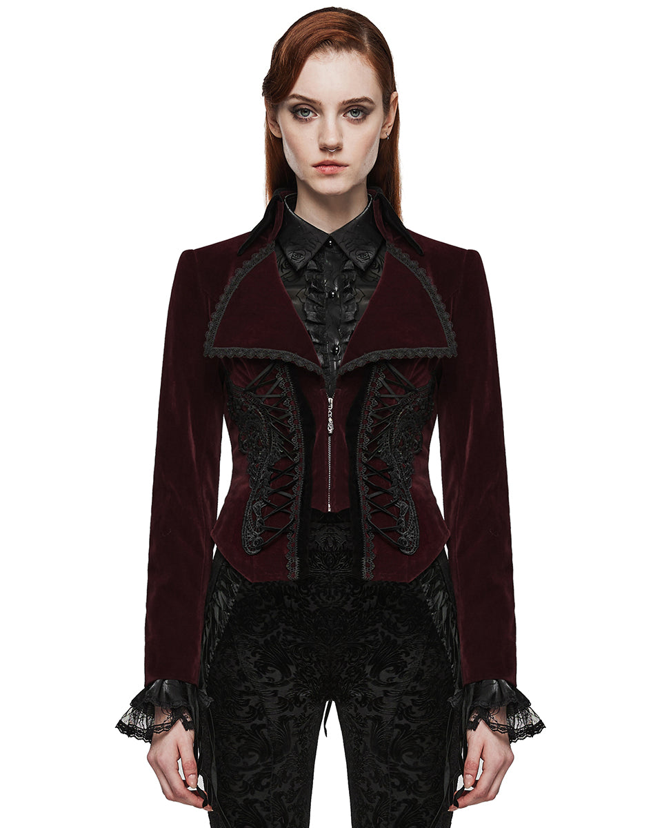 PR-WY-1535LDF-RDF Womens Gothic Velvet & Lace Riding Jacket - Red & Black