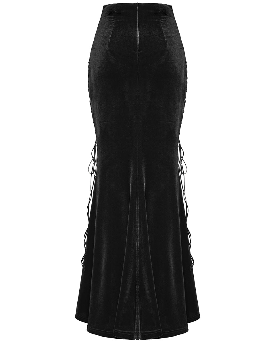 WQ-742BQF Womens Long Gothic Rose Lace Up Velvet Fishtail Skirt - Black & Red
