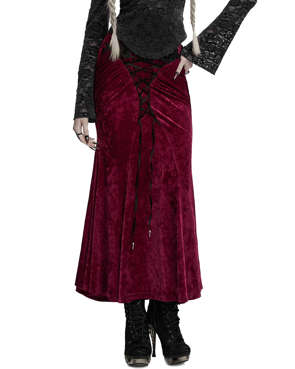 OQ-851BQF Daily Life Womens Long Gothic Velvet Applique Maxi Skirt - Red