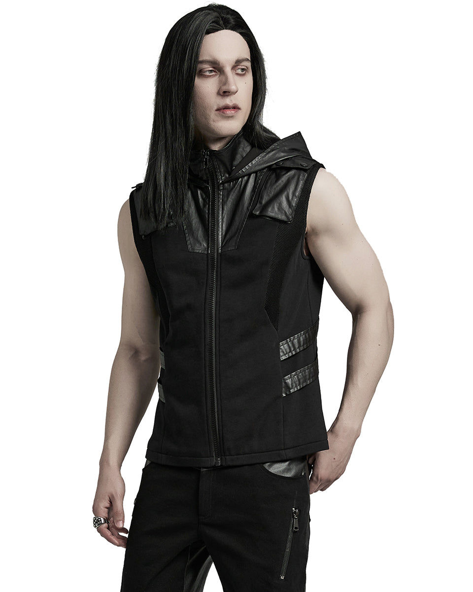 WY-1598MJM-BKM Mens Dystopian CyberPunk Zip Up Hooded Waistcoat Vest