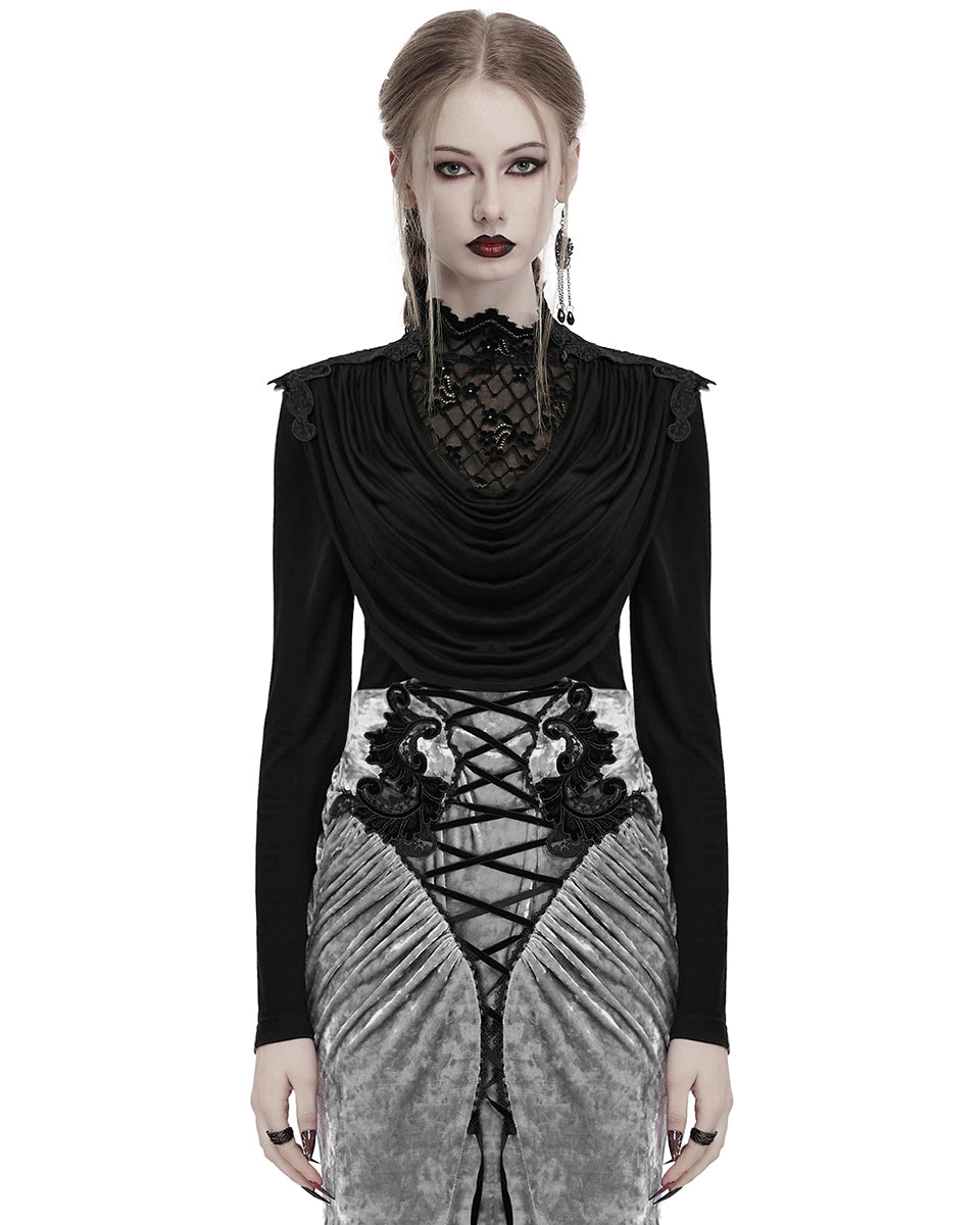 OT-988TCF Daily Life Womens Elegant Gothic Swing Collar Lace Inset Top