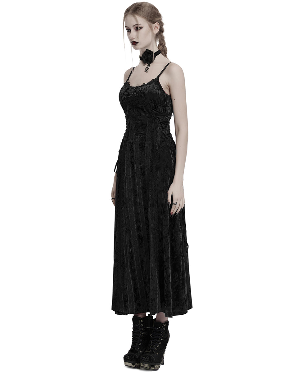 OQ=856LQF Daily Life Womens Long Gothic Crushed Velvet Applique Maxi Dress - Black