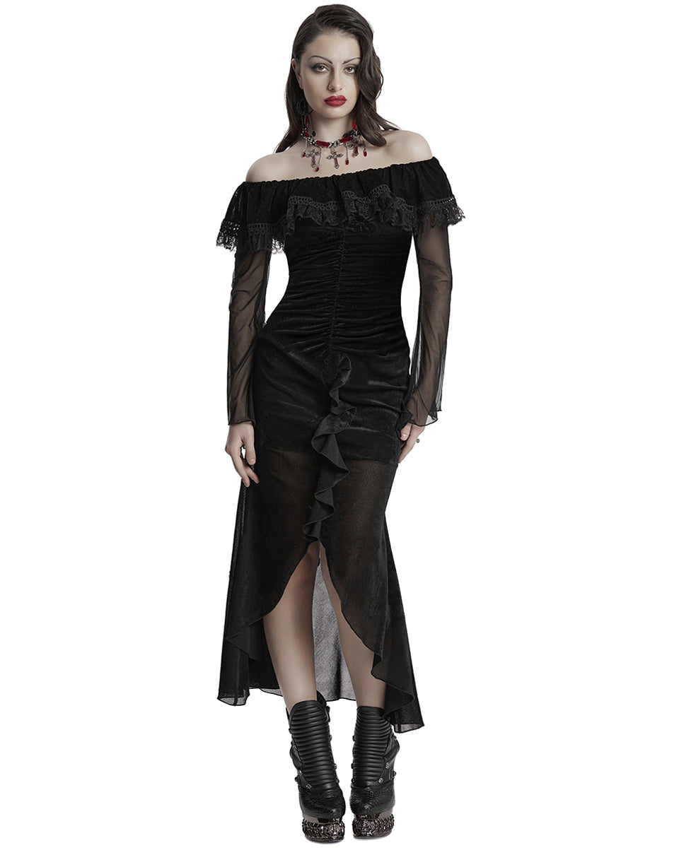 OQ-786LQF Daily Life Gothic Velvet Mesh Ruched Off-Shoulder Evening Dress