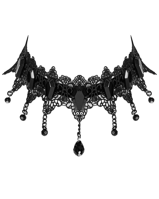 S542-BKF Womens Coffin Casket Stone Gothic Lace Choker Collar Necklace Black