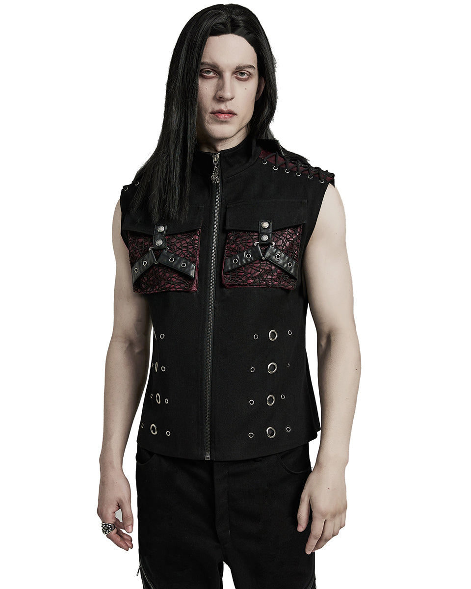 WY-1610MJM-BKRDM Mens Apocalyptic Gothic Mesh Utility Pocket Waistcoat Vest - Black & Red
