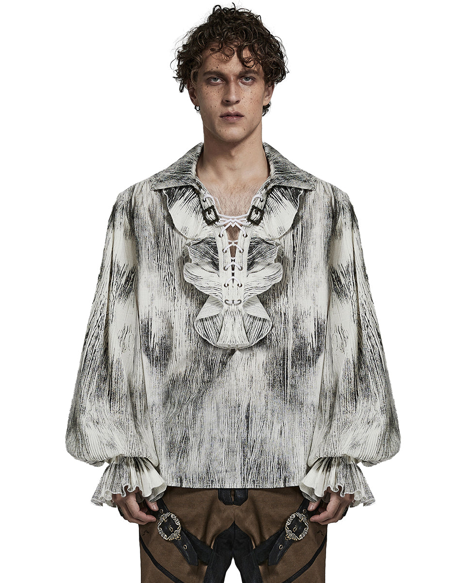 Y1497-WHM Mens Gothic Steampunk Distressed Lace Up Pirate Shirt - White