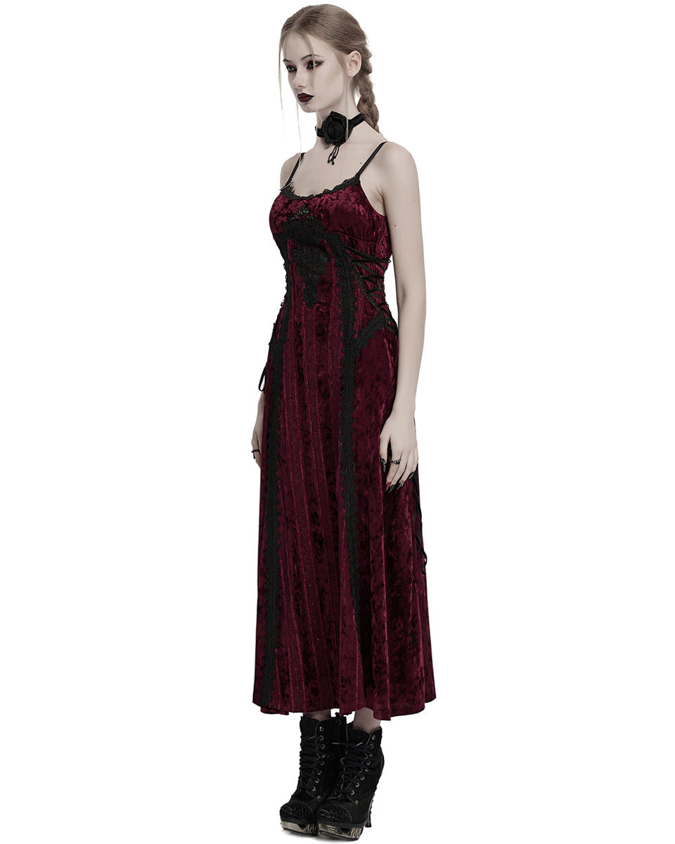 OQ-856LQF Daily Life Womens Long Gothic Crushed Velvet Applique Maxi Dress - Red