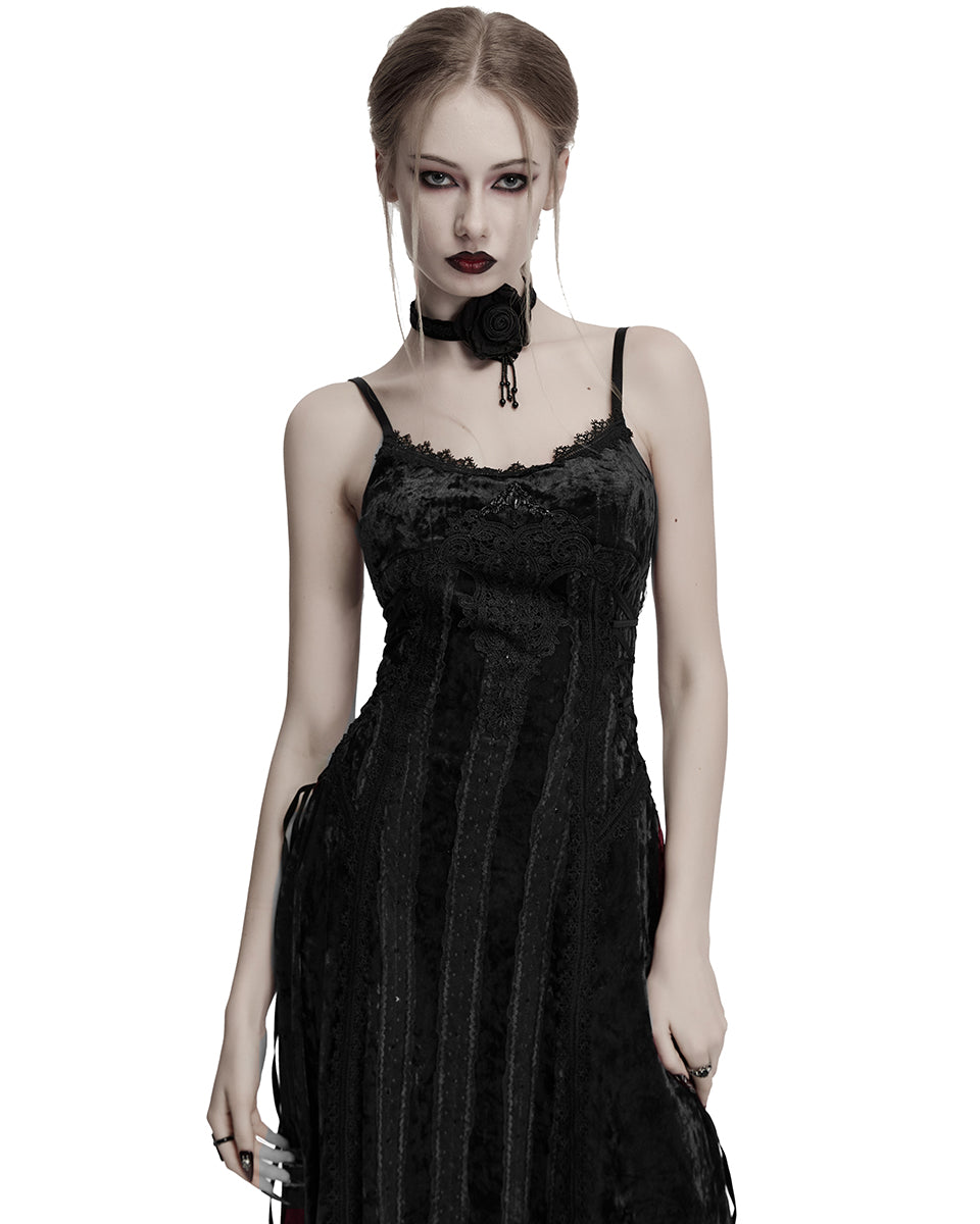 OQ=856LQF Daily Life Womens Long Gothic Crushed Velvet Applique Maxi Dress - Black