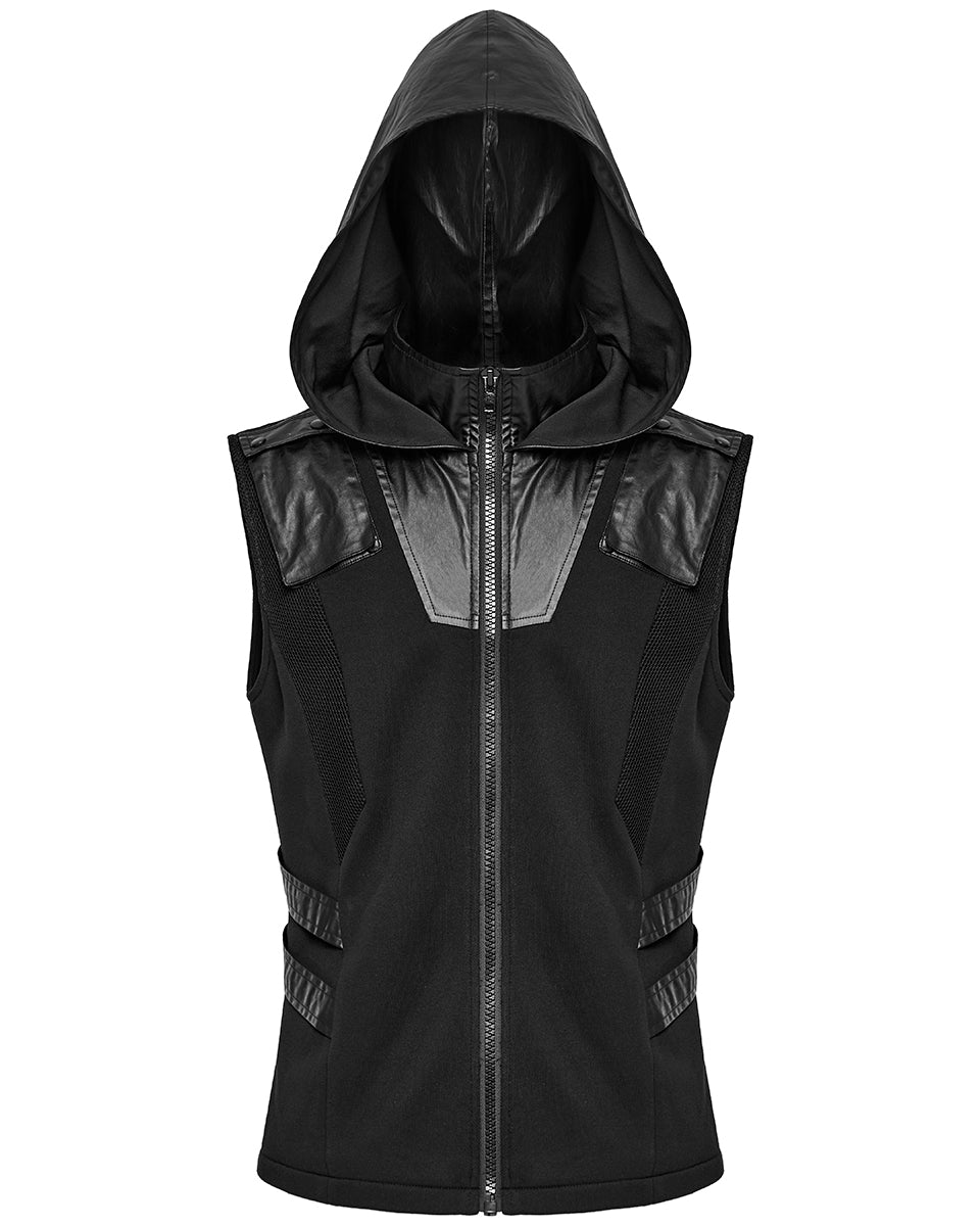WY-1598MJM-BKM Mens Dystopian CyberPunk Zip Up Hooded Waistcoat Vest