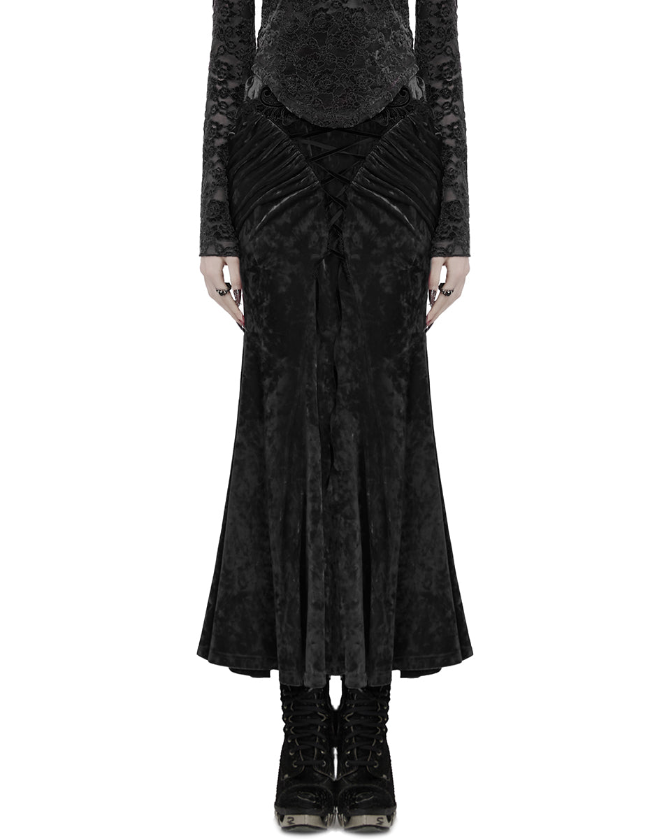 OQ-851BQF Daily Life Womens Long Gothic Velvet Applique Maxi Skirt - Black