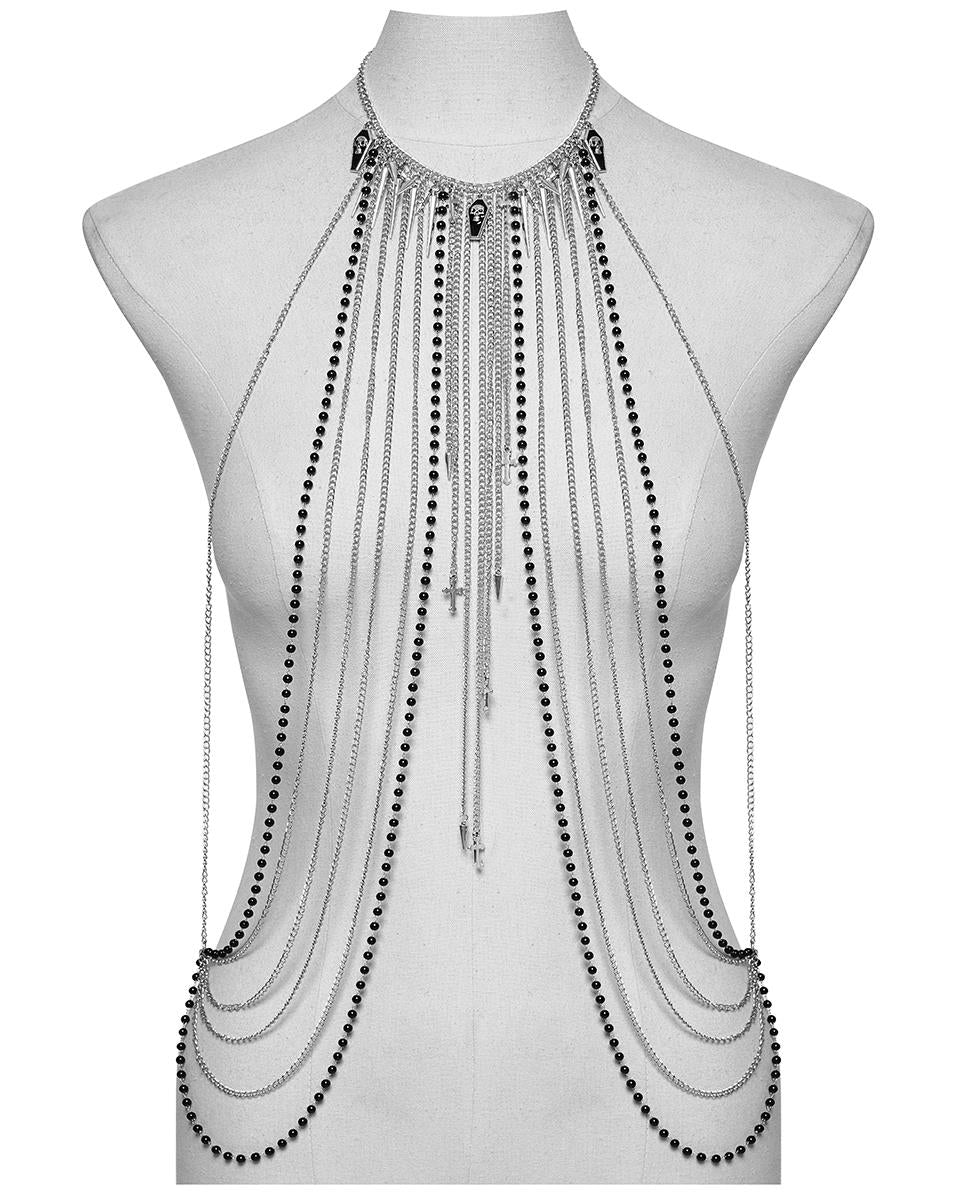 WS-650LHF-BKSIF Womens Gothic Casket Crucifix Spiked Chain Harness Necklace