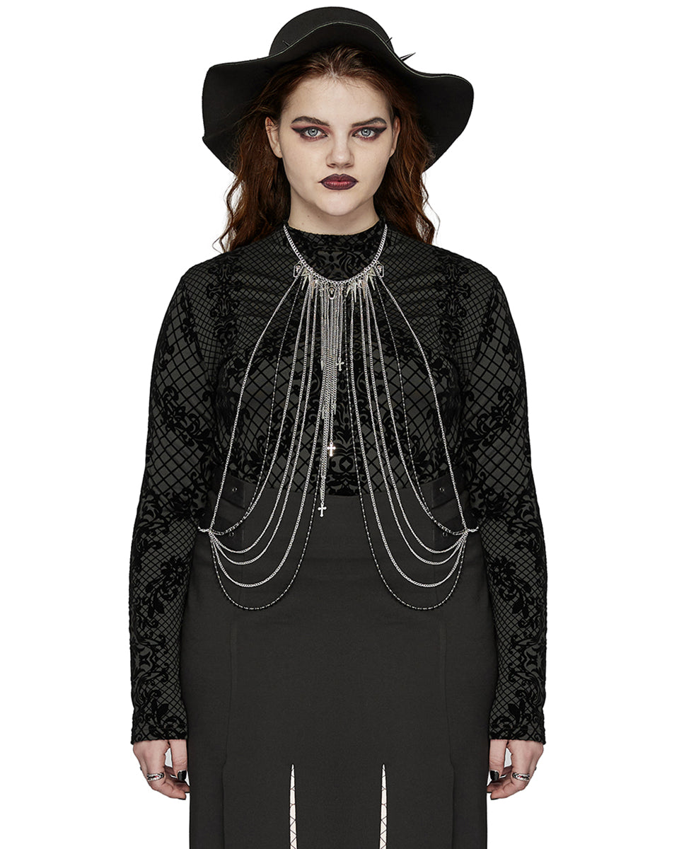 WS-650LHF-BKSIF Womens Gothic Casket Crucifix Spiked Chain Harness Necklace