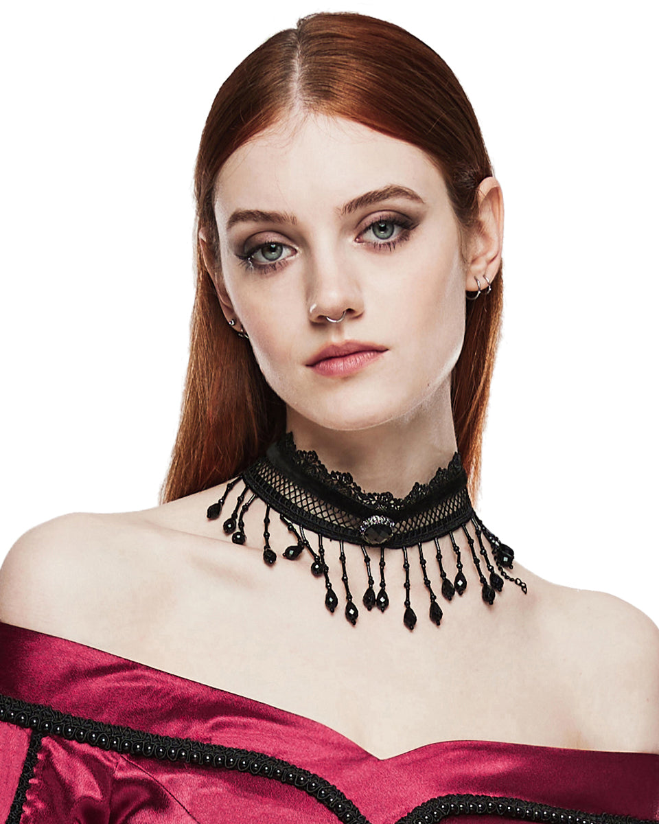 WS-581LHF-BKF Womens Beaded Lace Gothic Choker Collar