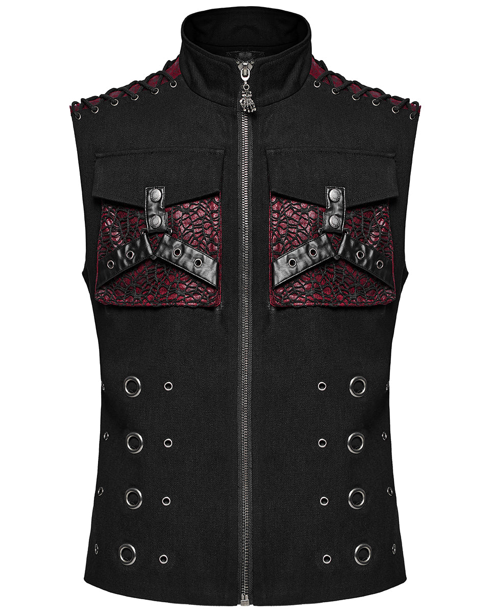 WY-1610MJM-BKRDM Mens Apocalyptic Gothic Mesh Utility Pocket Waistcoat Vest - Black & Red