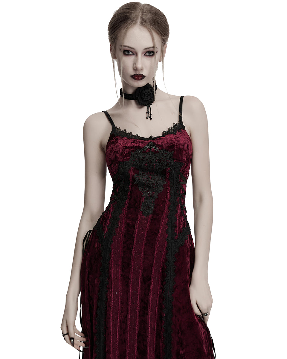 OQ-856LQF Daily Life Womens Long Gothic Crushed Velvet Applique Maxi Dress - Red