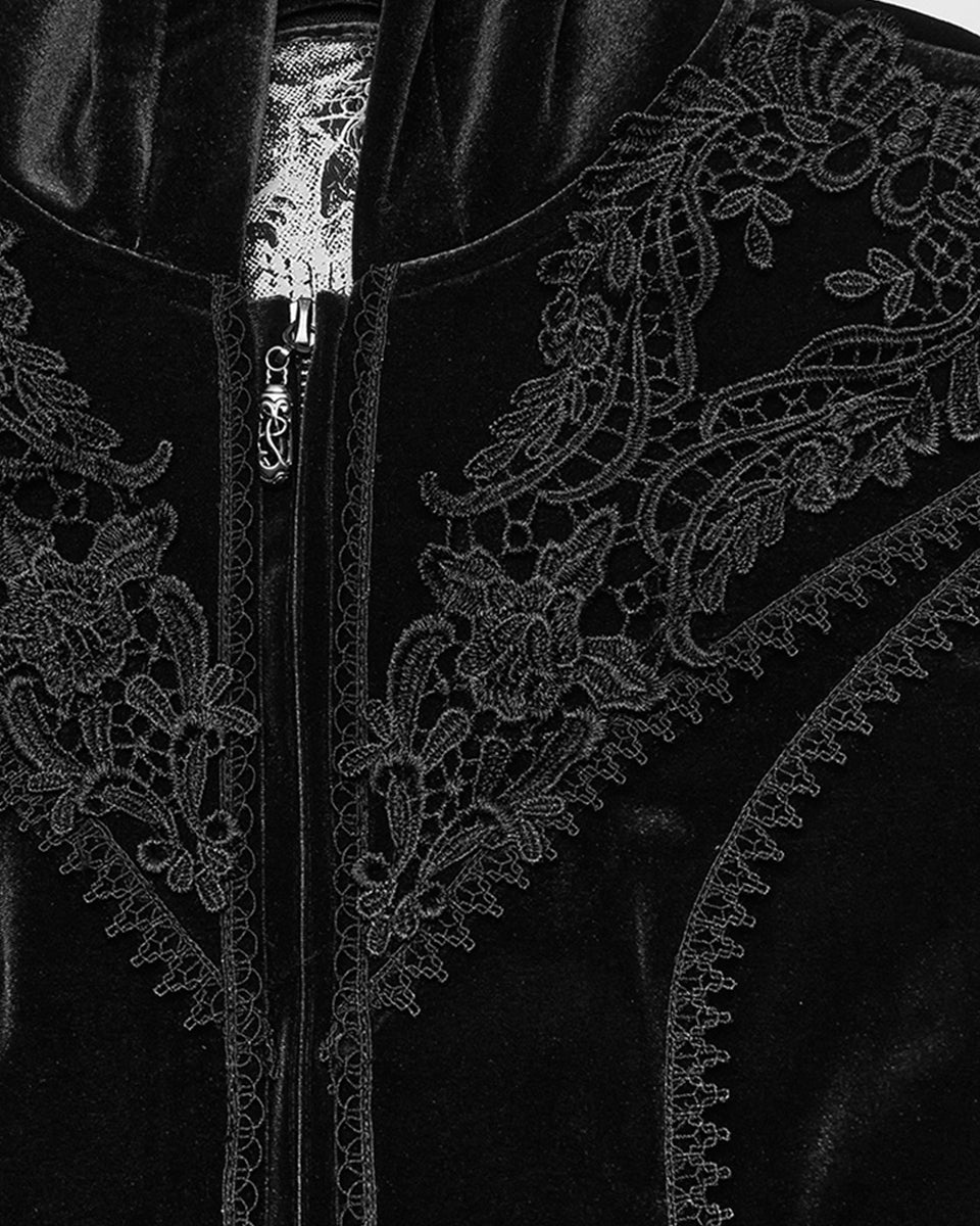 PR-DY-1510LCF-BKF Womens Gorgeous Gothic Lace Applique Hooded Coat - Extended Size Range - Black Velvet