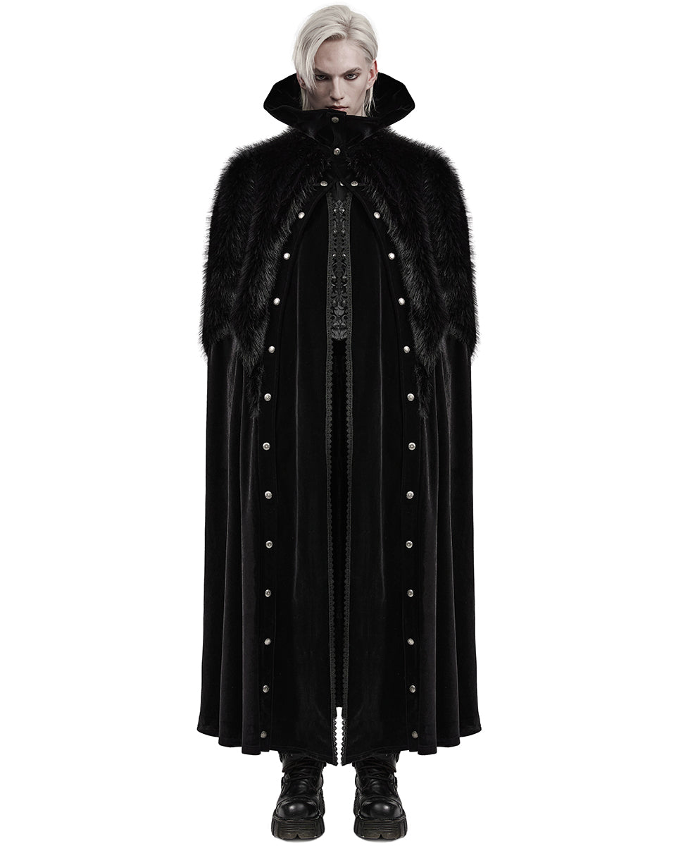 WY-1559DPM-BKM Mens Long Gothic Velvet & Faux Fur Travelling Cloak
