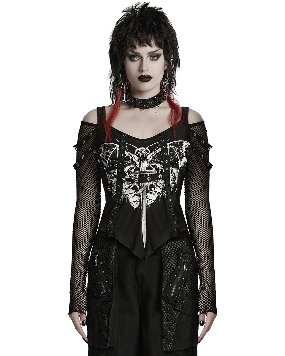 WT-976TCF Womens Gothic Vampire Bat Printed Top With Fishnet Sleeves