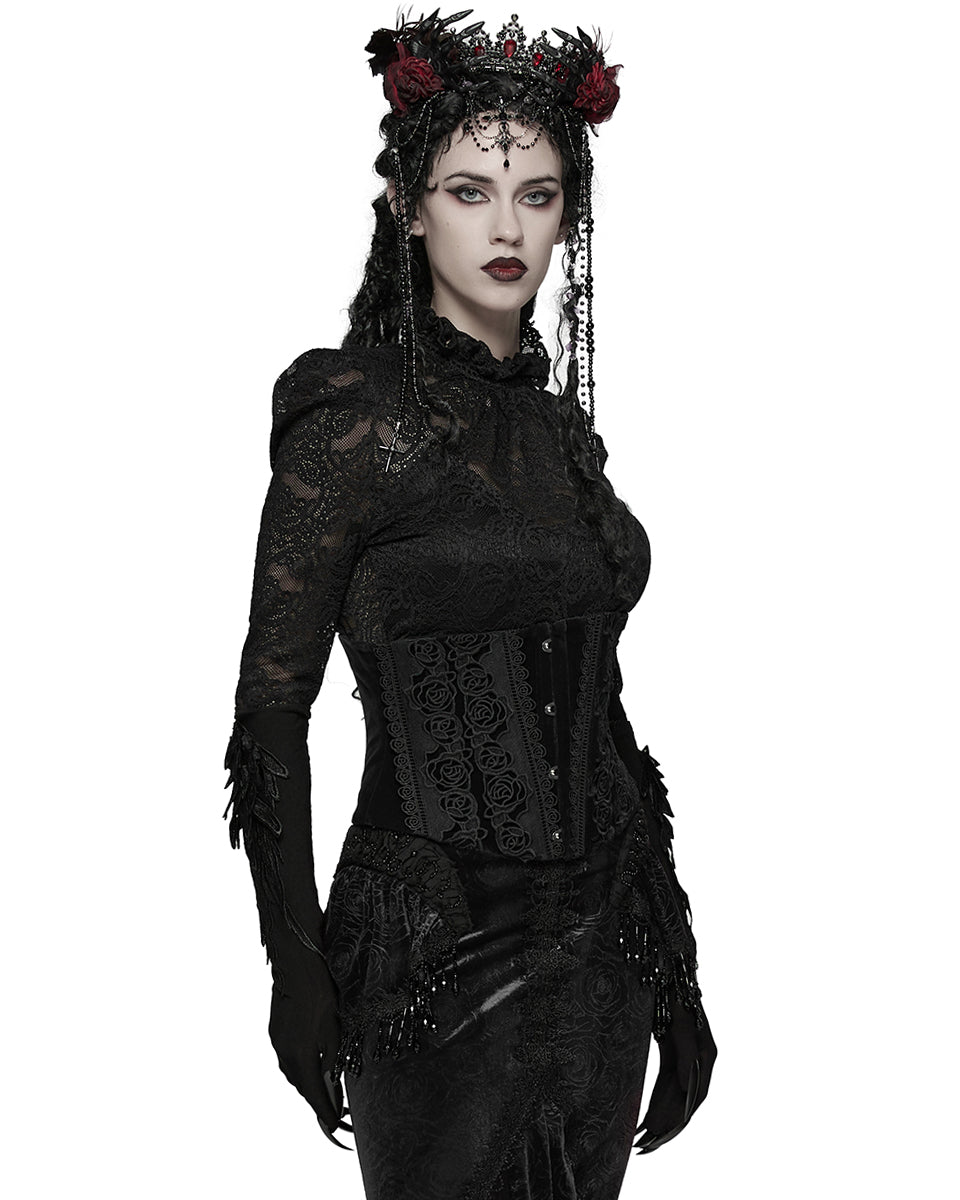WS-790YDF Womens Baroque Gothic Rose Embroidered Velvet Cincher Corset - Black