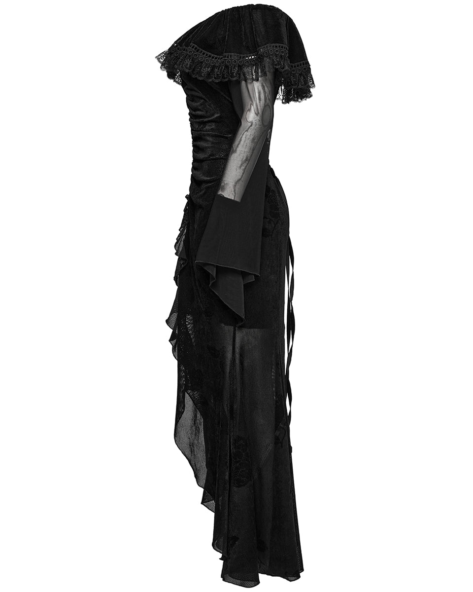 OQ-786LQF Daily Life Gothic Velvet Mesh Ruched Off-Shoulder Evening Dress