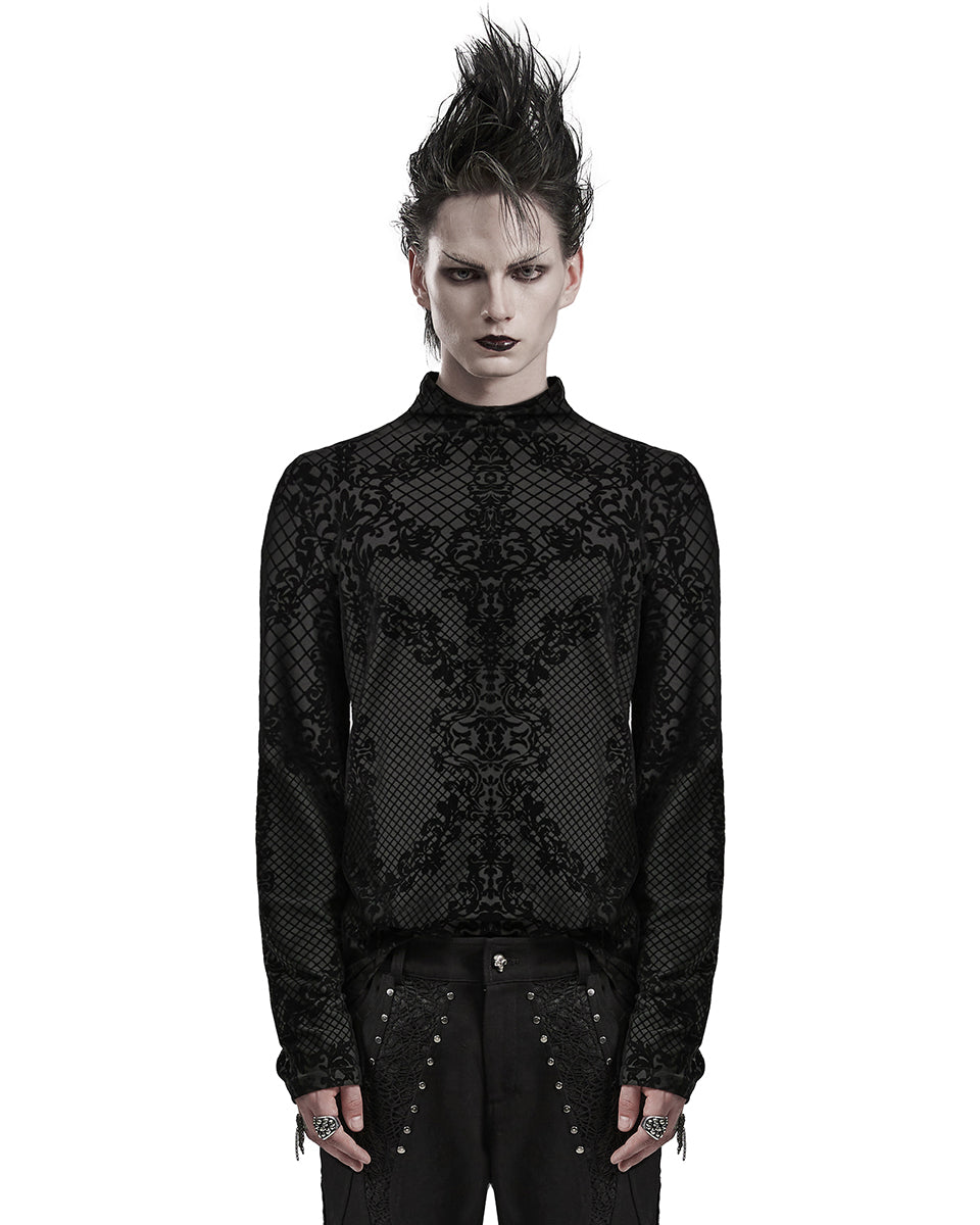 PR-WT-830TCM-BKM Mens Gothic Damask Velvet Flocked Mesh Top