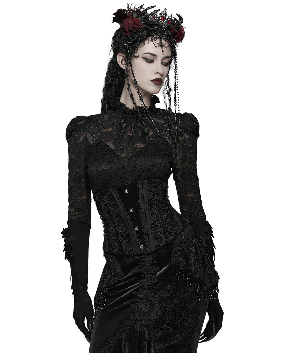 WS-790YDF Womens Baroque Gothic Rose Embroidered Velvet Cincher Corset - Black
