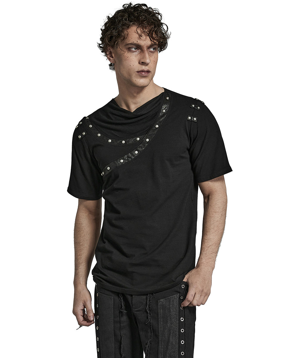 T792-BKM Mens Avant Garde Gothic Studded Drop Collar T Shirt Top