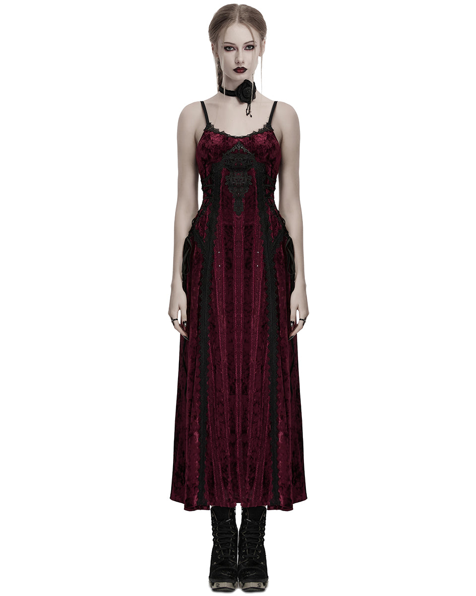OQ-856LQF Daily Life Womens Long Gothic Crushed Velvet Applique Maxi Dress - Red