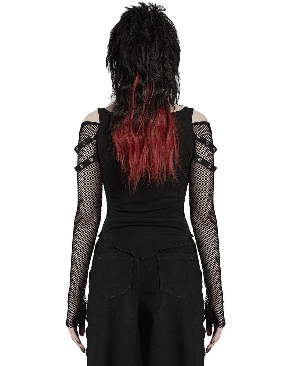 WT-976TCF Womens Gothic Vampire Bat Printed Top With Fishnet Sleeves