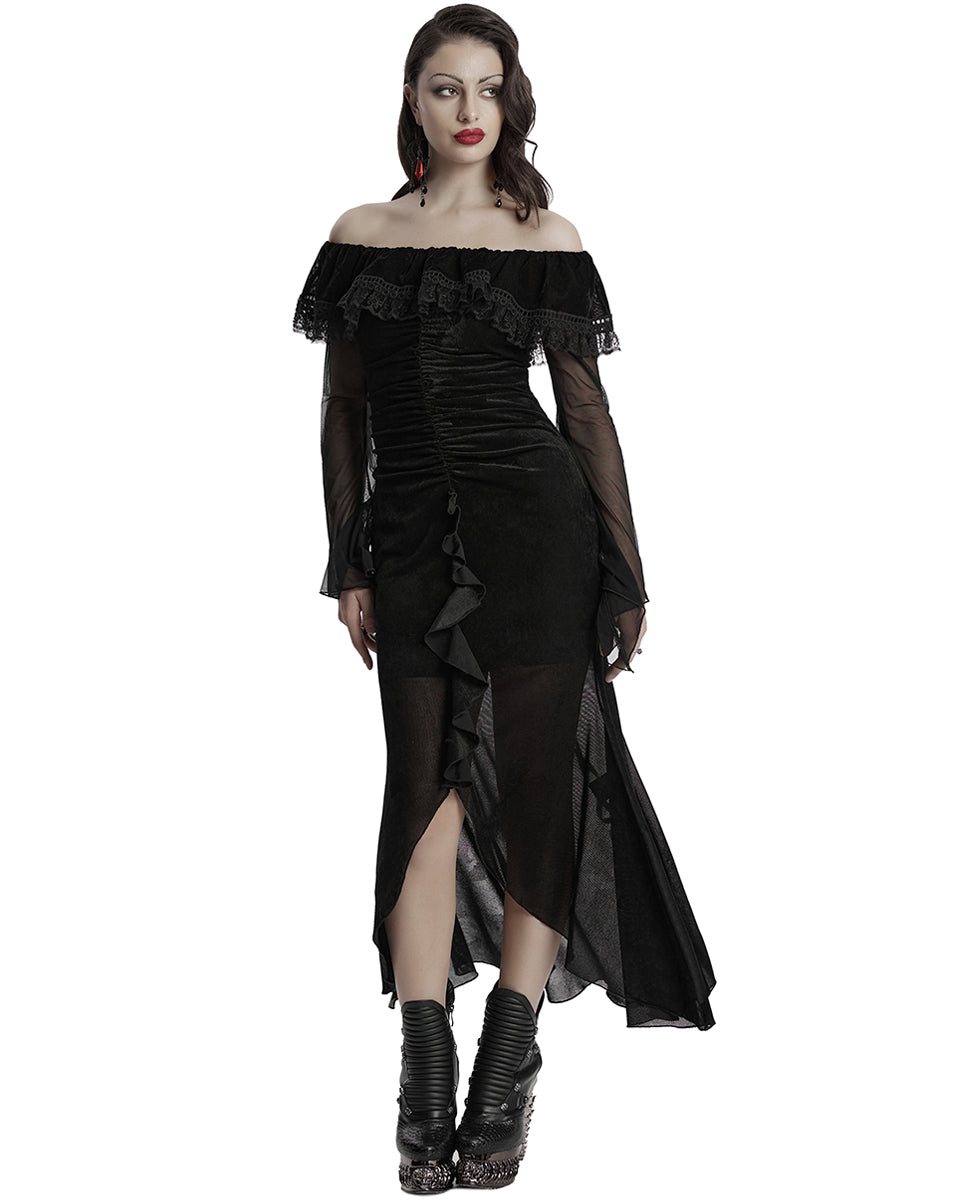OQ-786LQF Daily Life Gothic Velvet Mesh Ruched Off-Shoulder Evening Dress