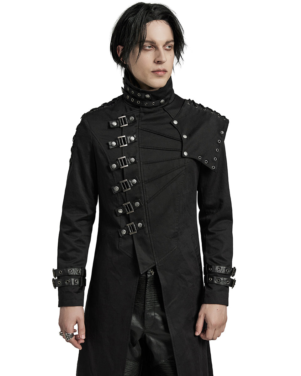 WY-1602XCM-BKM Mens Long Gothic CyberPunk Asymmetric Shoulder Armour Trench Coat