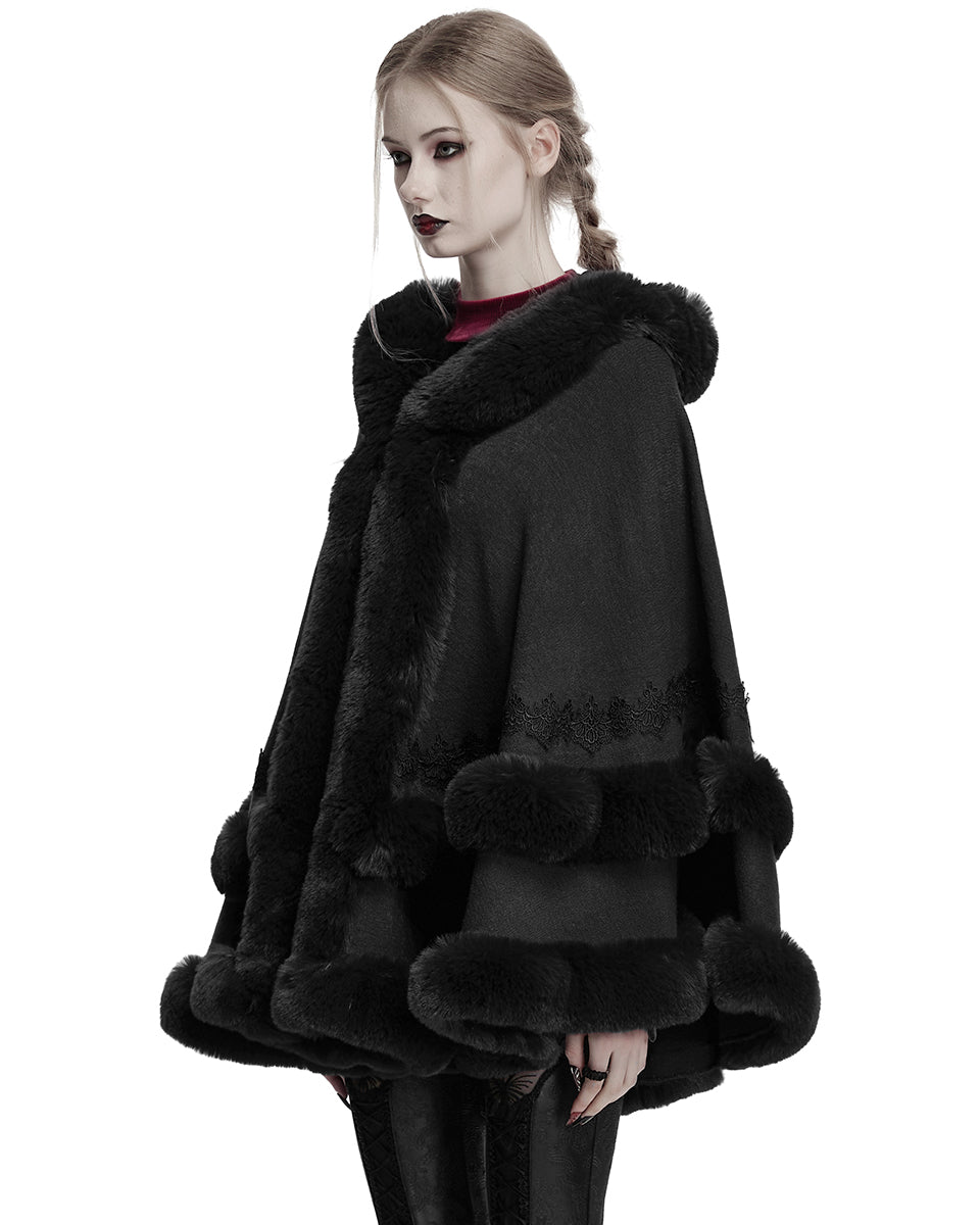 OM-092HMF Daily Life Womens Plush & Faux Fur Hooded Winter Cloak - Black