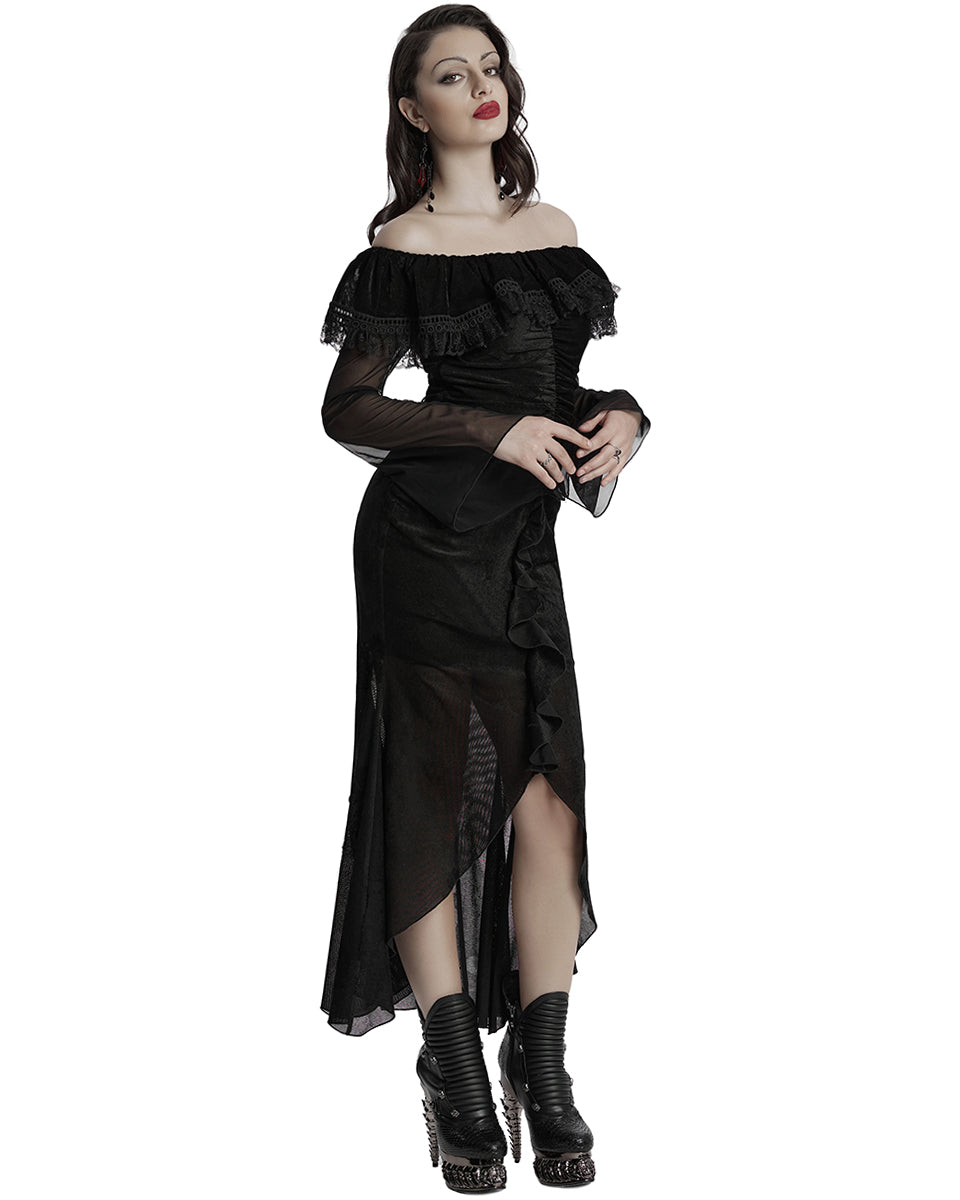 OQ-786LQF Daily Life Gothic Velvet Mesh Ruched Off-Shoulder Evening Dress