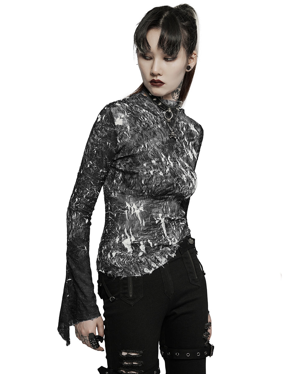 T729-BKF Womens Apocalyptic Gothic Crimped Chiffon Top
