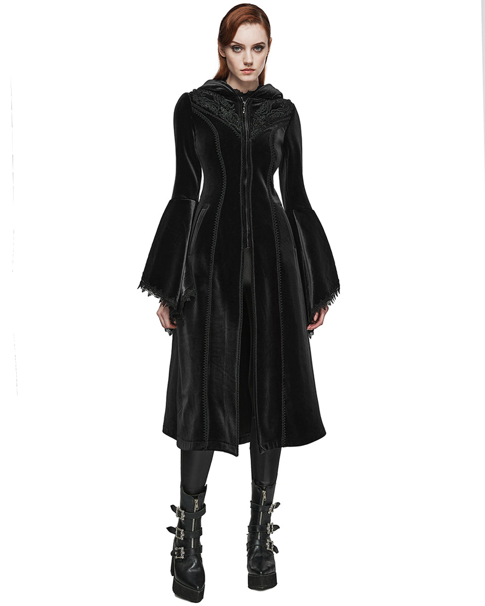PR-DY-1510LCF-BKF Womens Gorgeous Gothic Lace Applique Hooded Coat - Extended Size Range - Black Velvet